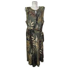 D2 Diane Gilman Womens 3X Green Tropical Palm Leaf Keyhole Midi Dress Tie Waist